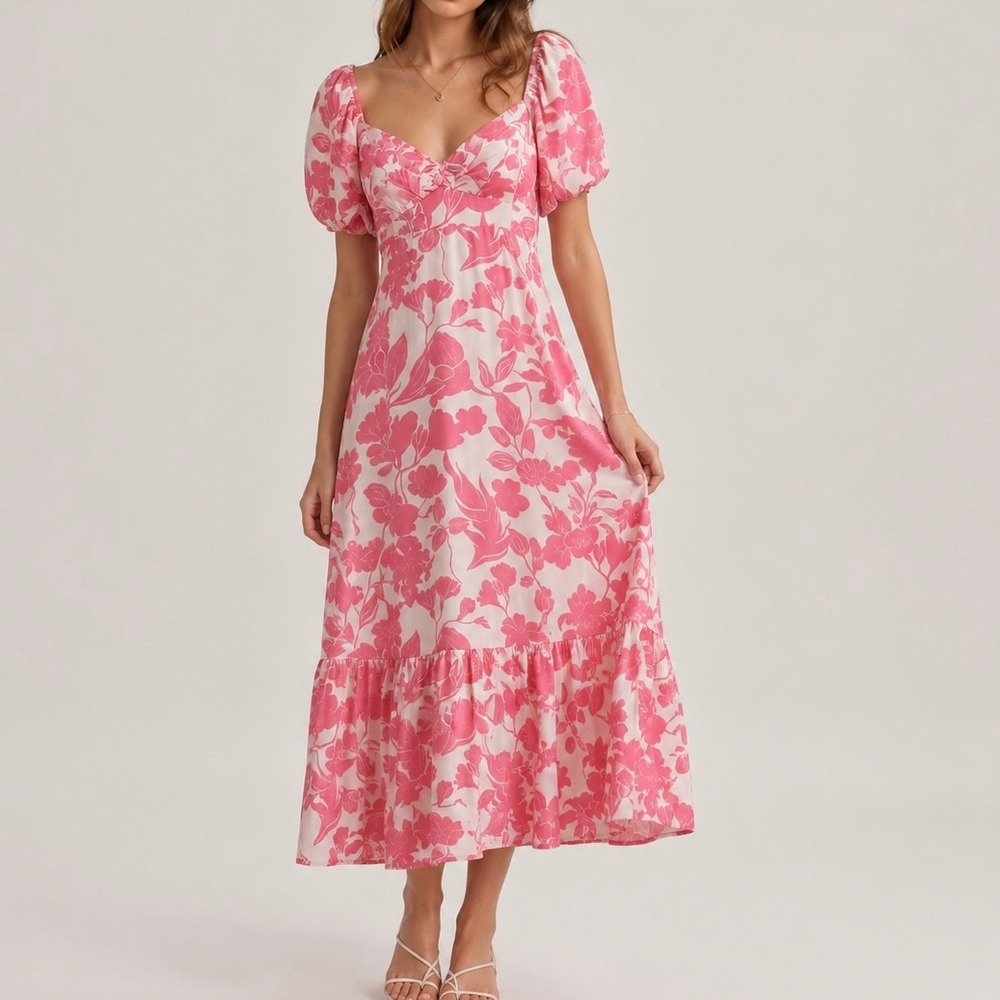 Pink White Bohemian Floral Puff Sleeve Tiered Maxi Dress L Smocked Back‎ Western